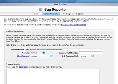 Apple Bug Reporter Nový problém