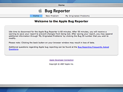 Apple Bug Reporter Welcome Page