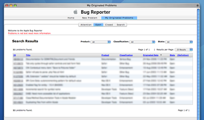 Apple Bug Reporter Issue List