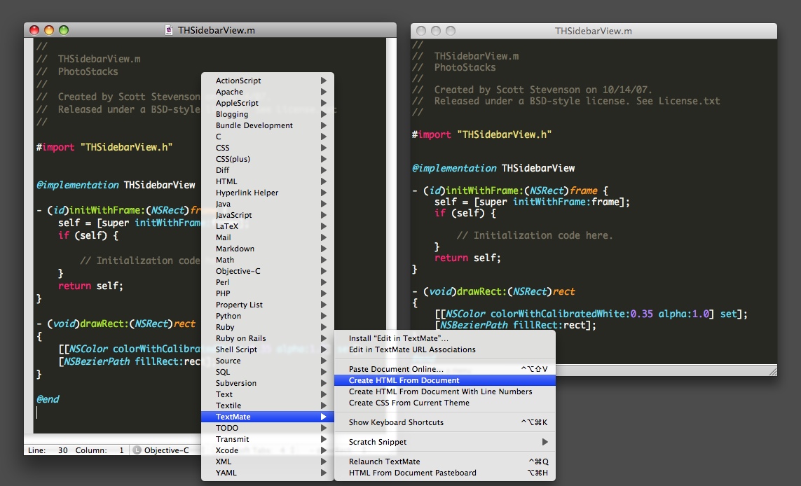 Original TextMate window on the left, HTML version on the right. 